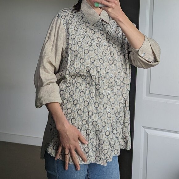 100% raw linen button down shirt with blue embroidery - Picture 12 of 15